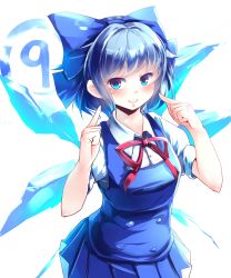 Rule 34 | &gt;:d, 1girl, :d, absurdres, blue eyes, blue hair, breasts, circled 9, cirno, commentary request, cowboy shot, eyelashes, grin, highres, kanzakietc, looking at viewer, medium breasts, one-hour drawing challenge, open mouth, pointing, pointing at self, short hair, simple background, smile, solo, standing, touhou, v-shaped eyebrows, white background