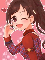 Rule 34 | 1girl, ;d, blush, brown hair, commentary, earrings, fingernails, half-heart hands, heart, highres, hijirin dere, idolmaster, idolmaster cinderella girls, idolmaster cinderella girls starlight stage, jewelry, long hair, long sleeves, looking at viewer, looking to the side, nail polish, one eye closed, open mouth, outline, patterned clothing, pom pom (clothes), pom pom earrings, ponytail, red eyes, smile, solo, tsujino akari, upper body, very long hair, white outline