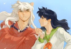 Rule 34 | 1boy, 1girl, animal ears, bead necklace, beads, black hair, blue background, breasts, brown eyes, crossed arms, dog boy, dog ears, frown, grabbing another&#039;s hair, green sailor collar, hair between eyes, highres, higurashi kagome, inuyasha, inuyasha (character), japanese clothes, jewelry, long hair, long sleeves, medium breasts, neckerchief, necklace, open mouth, orange eyes, red neckerchief, red shirt, sailor collar, school uniform, shirt, sidelocks, slit pupils, sweatdrop, tooth necklace, upper body, white hair, white shirt, wide sleeves, yuyu452261486