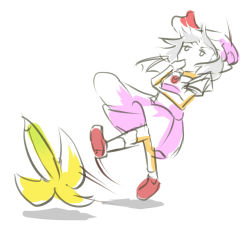 Rule 34 | 1girl, banana peel, covering own mouth, expressionless, falling, female focus, full body, hand on own face, hat, highres, peroponesosu., remilia scarlet, skirt, slipping, solo, touhou, white background