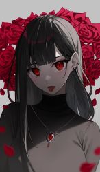 Rule 34 | 1girl, black hair, blunt bangs, blurry, blurry foreground, ear piercing, eyelashes, fang, flower, glowing, glowing eyes, highres, jewelry, long hair, looking at viewer, lower teeth only, necklace, original, pale skin, petals, piercing, portrait, red eyes, red flower, red rose, rose, solo, star741, teeth, tongue, tongue out
