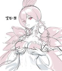 Rule 34 | 1girl, :d, breasts squeezed together, breasts, commentary request, copyright name, eyes visible through hair, highres, houseki no kuni, medium breasts, monochrome, open mouth, pink hair, pink theme, red eyes, simple background, sketch, smile, solo, tetsu (kimuchi), upper body, ventricosus, white background