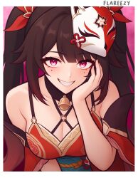 Rule 34 | 1girl, ai-assisted, bare shoulders, bell, breasts, collar, dress, flareza, fox mask, hair ornament, highres, honkai: star rail, honkai (series), japanese clothes, kimono, looking at viewer, mask, mask on head, naughty face, obi, pink background, red dress, red kimono, sash, simple background, solo, sparkle (honkai: star rail), twintails, white background