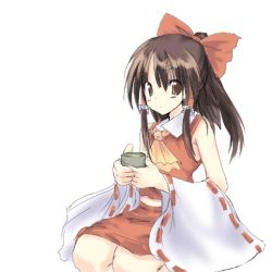 Rule 34 | 1girl, black hair, detached sleeves, female focus, hakurei reimu, japanese clothes, looking at viewer, miko, ribbon, simple background, sitting, solo, tagme, tea, touhou, white background