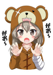 Rule 34 | 10s, 1girl, animal costume, bad id, bad pixiv id, bandages, bear costume, black ribbon, boko (girls und panzer), brown eyes, claw pose, commentary request, fang, flipper, girls und panzer, hair ribbon, light brown hair, long hair, looking at viewer, open mouth, pajamas, ribbon, scar, scar across eye, scar on face, shimada arisu, simple background, solo, standing, stuffed animal, stuffed toy, teddy bear, upper body, white background
