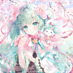 Rule 34 | 1girl, aqua eyes, aqua hair, aqua ribbon, arm ribbon, bare shoulders, black dress, blue sky, branch, bug, butterfly, cherry blossoms, chinese commentary, closed mouth, collar, commentary request, day, detached collar, detached sleeves, dress, eyelashes, flower, flower brooch, flower in eye, green flower, hair flower, hair ornament, hair ribbon, hatsune miku, heart, high collar, highres, holding, holding flower, insect, light blush, long hair, long sleeves, looking at viewer, mioda xi, neck ribbon, outdoors, pink collar, pink flower, pink lips, pink rose, rabbit, rabbit on shoulder, ribbon, rose, sample watermark, sky, sleeveless, sleeveless dress, smile, solo, sparkle, symbol in eye, too many watermarks, twintails, upper body, very long hair, vest, vocaloid, watermark, wavy hair, white sleeves, white vest, wide sleeves, yellow flower