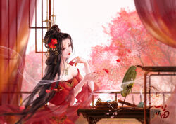Rule 34 | 1girl, bare shoulders, box, closed mouth, curtains, facial mark, falling petals, forehead mark, hair bun, highres, jewelry, laoming lao miao, mirror, necklace, original, pearl necklace, petals, railing, short sleeves, smile, solo, table, tree, upper body, white background
