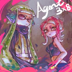 Rule 34 | 2girls, agent 3 (splatoon), agent 8 (splatoon), black cape, breasts, cape, character name, chinese commentary, closed mouth, crop top, green hair, headgear, high-visibility vest, highres, inkling, inkling girl, inkling player character, long hair, medium breasts, medium hair, multiple girls, nintendo, octoling, octoling girl, octoling player character, parted lips, pink eyes, red hair, splatoon (series), splatoon 2, splatoon 2: octo expansion, suction cups, tentacle hair, thenintlichen96, very long hair, vest, yellow eyes, zipper