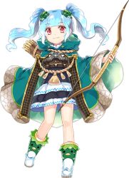 Rule 34 | 1girl, arrow (projectile), blue hair, boots, bow (weapon), full body, holding, holding bow (weapon), holding weapon, mole, mole under mouth, official art, oshiro project:re, oshiro project:re, quiver, red eyes, ririkuto, sasahara (oshiro project), short hair, skirt, solo, transparent background, twintails, wavy hair, weapon