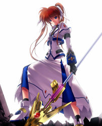 Rule 34 | 00s, 1girl, 40010prototype, boots, brown hair, crossover, dress, fingerless gloves, gloves, highres, jacket, long hair, lyrical nanoha, magazine (weapon), magical girl, mahou shoujo lyrical nanoha, mahou shoujo lyrical nanoha a&#039;s, mahou shoujo lyrical nanoha strikers, open clothes, open jacket, purple eyes, raising heart, red hair, serious, skirt, solo, takamachi nanoha, twintails, white devil