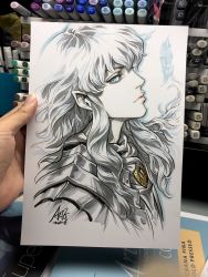Rule 34 | 1boy, androgynous, armor, art tools in frame, berserk, blue eyes, commentary, english commentary, griffith (berserk), highres, jewelry, lips, long hair, looking at viewer, male focus, marker (medium), pauldrons, pendant, pointy ears, profile, shoulder armor, signature, silver hair, solo, stanley lau, traditional media, wavy hair