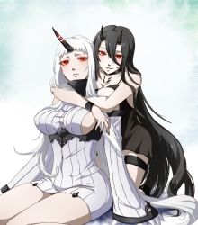 Rule 34 | 10s, 2girls, abyssal ship, bare shoulders, battleship princess, black dress, black hair, blush, breasts, claws, cleavage, closed mouth, colored skin, covered navel, detached sleeves, dress, frown, horns, hug, hug from behind, kantai collection, kneeling, large breasts, long hair, looking at viewer, multiple girls, nue (himetemari), pale skin, parted lips, red eyes, ribbed dress, ribbed sweater, seaport princess, short dress, sideboob, single horn, skin-covered horns, smile, sweater, sweater dress, thigh strap, very long hair, white dress, white hair, white skin