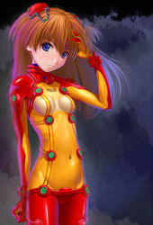 Rule 34 | 1girl, arm behind back, blue eyes, bodysuit, bracer, breasts, brown hair, clenched hand, clothes writing, covered navel, cowboy shot, evangelion: 2.0 you can (not) advance, expressionless, flat chest, gloves, groin, hair ornament, hairpods, hand in own hair, head tilt, interface headset, long hair, looking at viewer, multicolored clothes, nekopuchi, neon genesis evangelion, pilot suit, plugsuit, rebuild of evangelion, see-through, skinny, small breasts, solo, souryuu asuka langley, test plugsuit, transparent, turtleneck, twintails, two side up, upper body