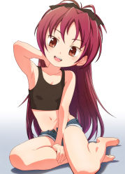 1girl, :d, armpits, bare arms, bare legs, bare shoulders, barefoot, black ribbon, black tank top, breasts, collarbone, commentary request, crop top, cutoffs, denim, denim shorts, eyebrows visible through hair, fang, hair ribbon, hand on own leg, hand on own neck, head tilt, highres, long hair, mahou shoujo madoka magica, micro shorts, midriff, navel, open mouth, red eyes, red hair, ribbon, sakura kyouko, sat-c, shorts, simple background, sitting, small breasts, smile, solo, tank top, unbuttoned, unbuttoned shirt, very long hair, white background, yokozuwari