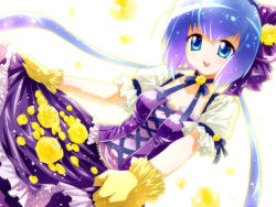 Rule 34 | 1girl, aoki lapis, blue eyes, blue hair, dress, flower, gloves, highres, long hair, matching hair/eyes, open mouth, oumi sanaka, petals, purple dress, rose, smile, solo, twintails, very long hair, vocaloid, yellow rose