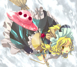 Rule 34 | 1girl, bad id, bad pixiv id, blonde hair, braid, broom, broom riding, dress, female focus, flying, gradient background, hanui, hat, kirisame marisa, solo, touhou, ufo, white background, witch, witch hat, yellow eyes