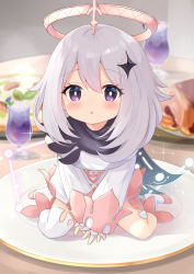 Rule 34 | 1girl, :o, blurry, blurry background, bright pupils, cup, dress, drinking glass, food, full body, genshin impact, hair between eyes, hair ornament, halo, highres, kimblee, leaning forward, long hair, long sleeves, looking at viewer, mini person, minigirl, paimon (genshin impact), plate, purple eyes, scarf, single thighhigh, sitting, solo, table, thighhighs, white dress, white hair, white thighhighs