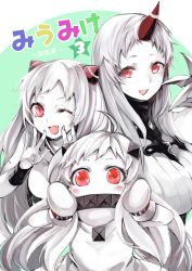 Rule 34 | 10s, 3girls, ;d, abyssal ship, ahoge, airfield princess, atoshi, bad id, bad pixiv id, blush, breasts, claws, colored skin, double v, dress, fang, horns, kantai collection, large breasts, long hair, looking at viewer, mittens, multiple girls, northern ocean princess, one eye closed, open mouth, pale skin, red eyes, seaport princess, simple background, single horn, smile, v, very long hair, white hair, white skin