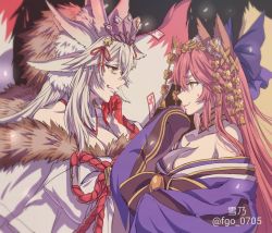 Rule 34 | 2girls, animal ear fluff, animal ears, artist name, bare shoulders, beast iv:l, bell, blue bow, blue kimono, blue ribbon, bow, breasts, choker, cleavage, collarbone, commentary request, crown, extra ears, fate/extra, fate/grand order, fate (series), fox ears, fox girl, fox tail, fur trim, grin, hair between eyes, hair bow, hair ornament, hair ribbon, hairband, highres, japanese clothes, jewelry, kimono, kitsune, koyanskaya (fate), koyanskaya (lostbelt beast:iv) (fate), large breasts, long hair, looking at another, multiple girls, nail polish, nervous, obi, off shoulder, pink hair, red nails, ribbon, sash, sidelocks, smile, sweatdrop, tail, talisman, tamamo (fate), tamamo no mae (fate/extra), teeth, twitter username, upper body, very long hair, white kimono, wide sleeves, yellow eyes, yukino (stardust)