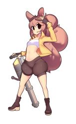 Rule 34 | 1girl, absurdres, anachi (fizintine), animal ears, arm up, bandage on face, bandages, black eyes, boots, breasts, brown eyes, brown footwear, brown gloves, brown hair, brown shorts, crop top, fingerless gloves, fizintine, full body, gloves, goggles, goggles on head, high heel boots, high heels, highres, jacket, long sleeves, looking at viewer, navel, open mouth, original, puffy shorts, short hair, shorts, simple background, small breasts, solo, squirrel ears, squirrel girl, squirrel tail, tail, teeth, yellow jacket