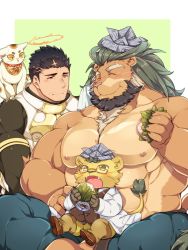 Rule 34 | 3boys, abs, animal, animal ears, animal on shoulder, arsalan (tokyo houkago summoners), bara, bare pectorals, beard, black bodysuit, black hair, blush, bodysuit, brown fur, cat, cat on shoulder, character request, chest hair, closed eyes, couple, crossed legs, eating, facial hair, fingernails, furry, furry male, furry with non-furry, green hair, halo, highres, interspecies, large pectorals, lion boy, lion ears, looking at another, male focus, medium hair, multiple boys, muscular, nipples, on lap, open mouth, paper, pectorals, sharp fingernails, shoes, short hair, size difference, skin tight, stubble, thick thighs, thighs, tokyo houkago summoners, wafu (youzora samo18), yellow eyes, yellow fur, zabaniyya (housamo)