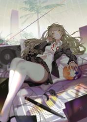 Rule 34 | 10s, 1girl, absurdres, bad id, bad pixiv id, black footwear, black jacket, black skirt, blurry, blush, bottle, brown hair, building, buttons, cable, character doll, character name, clenched hand, closed mouth, computer, depth of field, glowing, glowing eyes, hair ornament, head tilt, headphones, headphones removed, highres, hoshimawa, jacket, laptop, leaning back, light frown, long hair, long sleeves, looking at viewer, love live!, love live! school idol festival, love live! school idol project, minami kotori, miniskirt, navel, one side up, open clothes, open jacket, palm tree, pillow, pleated skirt, radio antenna, red ribbon, ribbon, shirt, shoes, sitting, sketch, skirt, solo, speaker, thighhighs, tree, unbuttoned, untied, upskirt, water bottle, white shirt, white thighhighs, yellow eyes