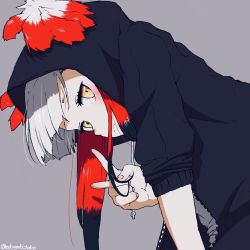 Rule 34 | 10s, 1girl, alternate costume, bird wings, black hair, blush, commentary request, contemporary, head wings, highres, hood, hoodie, japanese crested ibis (kemono friends), kemono friends, multicolored hair, portrait, red hair, shirt, shoes, short hair, sidelocks, signature, solo, t-shirt, turbo engine (rakugaki tabo), v, white hair, wings