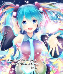 Rule 34 | 1girl, :d, absurdres, akiyoshi, black skirt, blue eyes, blue hair, blue necktie, detached sleeves, floating hair, green ribbon, grey shirt, hair ribbon, hand in own hair, happy birthday, hatsune miku, headphones, heart, highres, miniskirt, necktie, open mouth, orange ribbon, pleated skirt, purple eyes, red ribbon, ribbon, shirt, skirt, sleeveless, sleeveless shirt, smile, solo, standing, tattoo, twintails, vocaloid, yellow ribbon