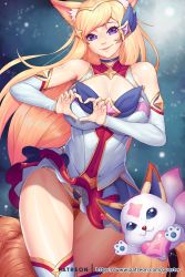 Rule 34 | 1girl, ahri (league of legends), animal ears, bare shoulders, blonde hair, breasts, choker, cleavage, covered navel, detached sleeves, familiar, fox ears, fox girl, fox tail, gluteal fold, gonster, hair ornament, heart, heart hands, highres, jewelry, large breasts, league of legends, long hair, looking at viewer, magical girl, miniskirt, panties, pantyshot, pink lips, purple eyes, skirt, smile, solo, star guardian (league of legends), star guardian ahri, swept bangs, tail, thigh gap, thighhighs, tiara, underwear, very long hair, wind, wind lift