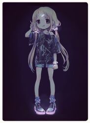 Rule 34 | 1girl, :q, blonde hair, bracelet, brown eyes, comeco, dark, full body, futaba anzu, hair ornament, hairclip, idolmaster, idolmaster cinderella girls, jewelry, long hair, looking at viewer, low twintails, shirt, shoes, shorts, single bare shoulder, smile, sneakers, solo, t-shirt, tongue, tongue out, twintails, v