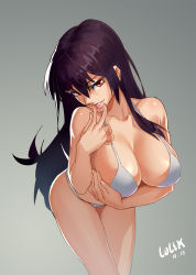 Rule 34 | 1girl, bikini, black hair, breast hold, breasts, cleavage, female focus, highres, l.k, large breasts, leaning forward, lips, long hair, looking at viewer, original, parted lips, purple hair, red eyes, simple background, smile, solo, standing, swimsuit, upper body