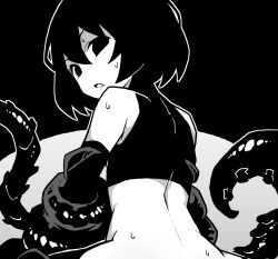 Rule 34 | 1girl, akableak, bare back, bare shoulders, black background, black eyes, black gloves, black hair, black shirt, bob cut, bottomless, bound, bound arms, commentary, cropped, elbow gloves, empty eyes, english commentary, from behind, gloves, greyscale, hair between eyes, highres, leaning forward, looking at viewer, looking back, monochrome, monogatari (series), open mouth, oshino ougi, out-of-frame censoring, outline, paid reward available, pale skin, shirt, short hair, sleeveless, sleeveless turtleneck, solo, sweat, tentacles, turtleneck, two-tone background, white outline, worried