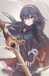 Rule 34 | 1girl, belt, blue eyes, blue gloves, blue hair, cape, dark blue hair, falchion (fire emblem), fingerless gloves, fire emblem, gloves, haiyun, highres, holding, holding sword, holding weapon, long hair, looking at viewer, lucina (fire emblem), mixed-language commentary, nintendo, parted lips, solo, super smash bros., sword, tiara, weapon