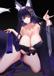 Rule 34 | 1girl, absurdres, ahoge, animal ear fluff, animal ears, armpits, ateoyh, azur lane, bikini, bikini bottom only, black background, black hair, black kimono, blue bikini, blue hair, blue nails, blush, breasts, breath, brown eyes, cameltoe, chinese commentary, cleavage, closed mouth, colored inner hair, drooling, facial mark, feet out of frame, fox ears, fox girl, fox shadow puppet, fox tail, fur-trimmed kimono, fur trim, furrowed brow, gem, hair ornament, highres, japanese clothes, jewelry, kimono, kneeling, large breasts, legs apart, lips, long hair, looking at viewer, magatama, magatama necklace, multicolored hair, musashi (azur lane), nail polish, necklace, pelvic curtain, purple gemstone, saliva, see-through, short kimono, simple background, smile, solo, straight hair, sweat, swimsuit, tail, thighs, very long hair, whisker markings
