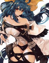 Rule 34 | 1girl, absurdres, bare shoulders, belt, black panties, black thighhighs, blue hair, breasts, choker, cleavage, clothing cutout, collarbone, detached collar, detached sleeves, dizzy (guilty gear), found modori, guilty gear, guilty gear xrd, hair between eyes, hair ribbon, hair rings, highres, large breasts, long sleeves, mature female, midriff, monster girl, navel, open mouth, panties, red eyes, ribbon, shaded face, sidelocks, solo, tail, thick thighs, thigh strap, thighhighs, thighs, twintails, underwear, white background, wide sleeves, yellow ribbon