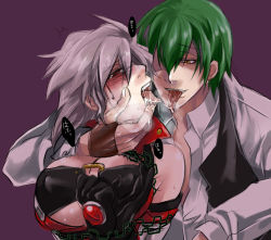 Rule 34 | 1boy, 1girl, alpha-01, arc system works, bare shoulders, bdsm, blazblue, blush, bondage, bound, breasts, cleavage, dress shirt, drooling, fingerless gloves, forced, gender request, genderswap, gloves, green hair, grey hair, hair over one eye, hazama, jacket, kaneaki mukku, large breasts, long hair, open mouth, popped collar, ragna the bloodedge, red eyes, saliva, saliva trail, shirt, sweat, tears, tongue, tongue out, white shirt, yellow eyes