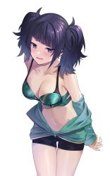 Rule 34 | 1girl, akimikan (2.5deciliter), armpit crease, asymmetrical bangs, bike shorts, bikini, bikini top only, bikini under clothes, black shorts, blunt bangs, blush, breasts, cleavage, collarbone, cowboy shot, diagonal bangs, green bikini, green jacket, highres, idolmaster, idolmaster shiny colors, jacket, jacket partially removed, leaning forward, looking at viewer, medium breasts, midriff, navel, partially unzipped, purple eyes, purple hair, shorts, simple background, smile, solo, swimsuit, swimsuit under clothes, tanaka mamimi, twintails, twisted torso, white background