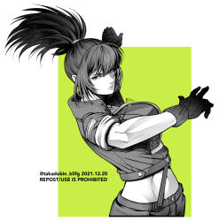 Rule 34 | 1girl, clenched hand, closed mouth, earrings, gloves, green theme, greyscale, hair between eyes, jacket, jewelry, leona heidern, looking at viewer, midriff, military, military uniform, monochrome, ponytail, short sleeves, shorts, solo, suspenders, takadobin k0fg, the king of fighters, triangle earrings, uniform, watermark, web address