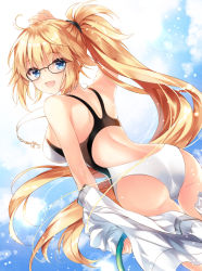 Rule 34 | 1girl, :d, ahoge, arm up, ass, back, bare legs, bare shoulders, black-framed eyewear, blonde hair, blue eyes, blue sky, breasts, competition swimsuit, day, fate/grand order, fate (series), floating hair, from behind, glasses, holding, hose, jacket, jeanne d&#039;arc (fate), jeanne d&#039;arc (ruler) (fate), jeanne d&#039;arc (swimsuit archer) (fate), jeanne d&#039;arc (swimsuit archer) (second ascension) (fate), large breasts, long hair, looking at viewer, looking back, nogi takayoshi, one-piece swimsuit, open mouth, ponytail, shoulder blades, sky, smile, solo, sunlight, swimsuit, very long hair, whistle, white jacket
