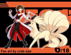 Rule 34 | 1girl, arms up, artist name, bag, black footwear, black pants, black shirt, bracelet, breasts, brown hair, cleavage, coat, commentary, contrapposto, crab-san, creatures (company), crop top, english commentary, eyewear on head, full body, game freak, gen 1 pokemon, hair over one eye, high collar, high heels, highres, holding, holding bag, holding poke ball, jewelry, looking at viewer, medium breasts, meiko (vocaloid), necklace, ninetales, nintendo, open clothes, open coat, open mouth, pants, parody, poke ball, pokemon, pokemon (creature), project voltage, red eyes, shirt, shopping bag, short hair, smile, style parody, sunglasses, swept bangs, tinted eyewear, vocaloid, walking, white coat