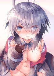 Rule 34 | 1girl, ahoge, asymmetrical bangs, bare shoulders, black gloves, blue eyes, blush, bombergirl, bottomless, bow, bowtie, breasts, breasts out, censored, closed mouth, collarbone, cowboy shot, cum, cum in mouth, cum on body, cum on breasts, cum on upper body, cum string, cumdrip, embarrassed, eyes visible through hair, facial, gloves, gradient background, gray (bombergirl), grey bow, hair over one eye, hand to own mouth, highres, jacket, large breasts, long sleeves, looking at viewer, medium hair, navel, nipples, off-shoulder jacket, off shoulder, open clothes, open jacket, open shirt, pussy, shiro kuma123, sidelocks, signature, silver hair, simple background, solo, sweat, tears, thigh gap, thighs, white background