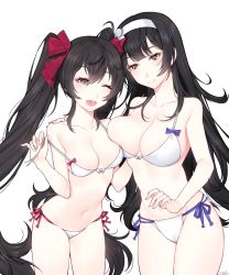 Rule 34 | 2girls, ;d, asymmetrical docking, bare arms, bare shoulders, bikini, black hair, blue ribbon, blunt bangs, breast press, breasts, brown eyes, collarbone, cowboy shot, girls&#039; frontline, hair ribbon, hairband, half-closed eyes, hand on another&#039;s shoulder, highres, holding, ia (ias1010), large breasts, long hair, looking at viewer, medium breasts, multiple girls, navel, official alternate costume, one eye closed, open mouth, pink ribbon, ribbon, side-tie bikini bottom, sidelocks, signature, simple background, smile, standing, stomach, straight hair, swimsuit, teasing, thighs, twintails, type 95 (girls&#039; frontline), type 95 (summer cicada) (girls&#039; frontline), type 97 (girls&#039; frontline), untied bikini, very long hair, white background, white bikini, white hairband