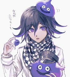 Rule 34 | 1boy, aji kosugi, black hair, black headwear, checkered clothes, checkered scarf, commentary request, danganronpa (series), danganronpa v3: killing harmony, dragon quest, grey background, hair between eyes, hand up, hat, highres, holding, jacket, long sleeves, looking at viewer, male focus, open mouth, oma kokichi, peaked cap, purple eyes, purple hair, scarf, short hair, simple background, slime (dragon quest), smile, straitjacket, translated, upper body, white jacket