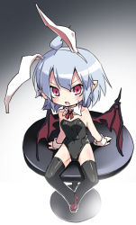 Rule 34 | 1girl, ahoge, animal ears, bat wings, blue hair, blush, rabbit ears, playboy bunny, from above, hat, high heels, noya makoto, pointy ears, red eyes, remilia scarlet, short hair, sitting, sitting on object, solo, thighhighs, touhou, wings, wrist cuffs