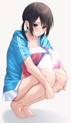 Rule 34 | 1girl, absurdres, ball, barefoot, beachball, bikini, bikini skirt, black hair, blue jacket, blush, closed mouth, commentary request, full body, highres, holding, holding ball, holding beachball, jacket, kiona (giraffe kiona), low twintails, open clothes, open jacket, original, short hair, solo, squatting, swimsuit, toes, twintails, white background, white bikini