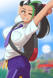 Rule 34 | 1girl, backpack, bag, between breasts, black hair, blurry, blurry background, breast pocket, breasts, collared shirt, commentary request, creatures (company), day, eyelashes, freckles, from side, game freak, green hair, grin, highres, medium breasts, multicolored hair, necktie, nemona (pokemon), nintendo, nutkingcall, one eye closed, orange eyes, outdoors, pocket, pokemon, pokemon sv, ponytail, purple necktie, purple shorts, shirt, short sleeves, shorts, sky, smile, solo, strap between breasts, streaked hair, stretching, teeth, two-tone hair