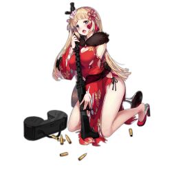 Rule 34 | 1girl, bar stool, bell, blonde hair, blue eyes, blush, breasts, bullet, china dress, chinese clothes, cleavage cutout, clothing cutout, detached sleeves, dress, drum magazine, dual drum magazine, flower, fur-trimmed dress, fur trim, girls&#039; frontline, gun, hair bell, hair flower, hair ornament, heart cutout, high heels, hime cut, holding, holding gun, holding weapon, kneeling, large breasts, long hair, looking at viewer, machine gun, magazine (weapon), mg34, mg34 (divine peach blossom) (girls&#039; frontline), mg34 (girls&#039; frontline), no legwear, no panties, no socks, official alternate costume, official art, open mouth, red footwear, shell casing, side-tie dress, simple background, solo, spirtie, stool, torn clothes, torn dress, transparent background, very long hair, weapon, wide sleeves