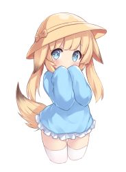 Rule 34 | 1girl, animal ears, arms up, blonde hair, blue eyes, blue shirt, child, covering own mouth, fox ears, fox tail, hand to own mouth, hat, highres, kemomimi oukoku kokuei housou, kindergarten uniform, long hair, mikoko (kemomimi oukoku kokuei housou), school hat, shirt, simple background, skirt, sleeves past wrists, solo, tail, tamase tama, thigh gap, thighhighs, twintails, virtual youtuber, white background, white skirt, white thighhighs, yellow hat