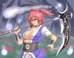 Rule 34 | 1girl, alternate weapon, bracer, breasts, choker, cleavage, collarbone, female focus, flower, hair bobbles, hair ornament, hitodama, houtengeki, large breasts, onozuka komachi, pink eyes, pink hair, scythe, short hair, solo, spider lily, touhou, twintails, two side up, weapon