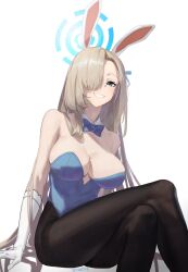Rule 34 | 1girl, animal ears, asuna (blue archive), asuna (bunny) (blue archive), asymmetrical hair, blue archive, blue bow, blue bowtie, blue leotard, bow, bowtie, breasts, detached collar, elbow gloves, fake animal ears, gloves, grin, had (had314), hair over one eye, halo, highres, large breasts, leotard, light brown hair, long hair, looking at viewer, mole, mole on breast, pantyhose, playboy bunny, rabbit ears, simple background, sitting, smile, solo, very long hair, white background, white gloves